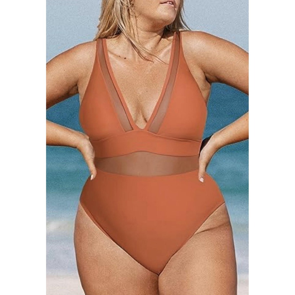 Cupshe Swimsuit Womens 3X Orange Mesh Panel One Piece Adjustable Strap NWT